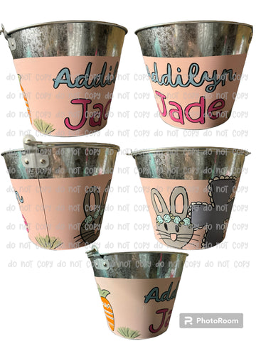 Bunny + cross + carrot / egg Hand painted Easter bucket / pail