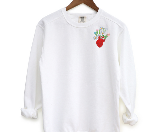 Floral Heart Pocket Embroidered Crewneck