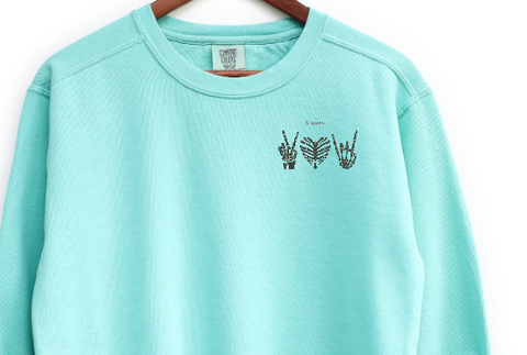 Skelly peace love rock Embroidered Crewneck