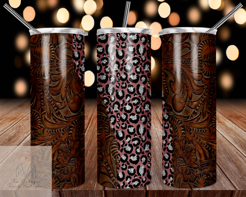 pink + silver leopard tooled leather | tumbler sublimation transfers